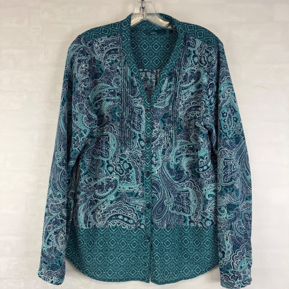 prAna Teal Paisley Geometric Print Long Sleeve Button Front Blouse Size Large‎